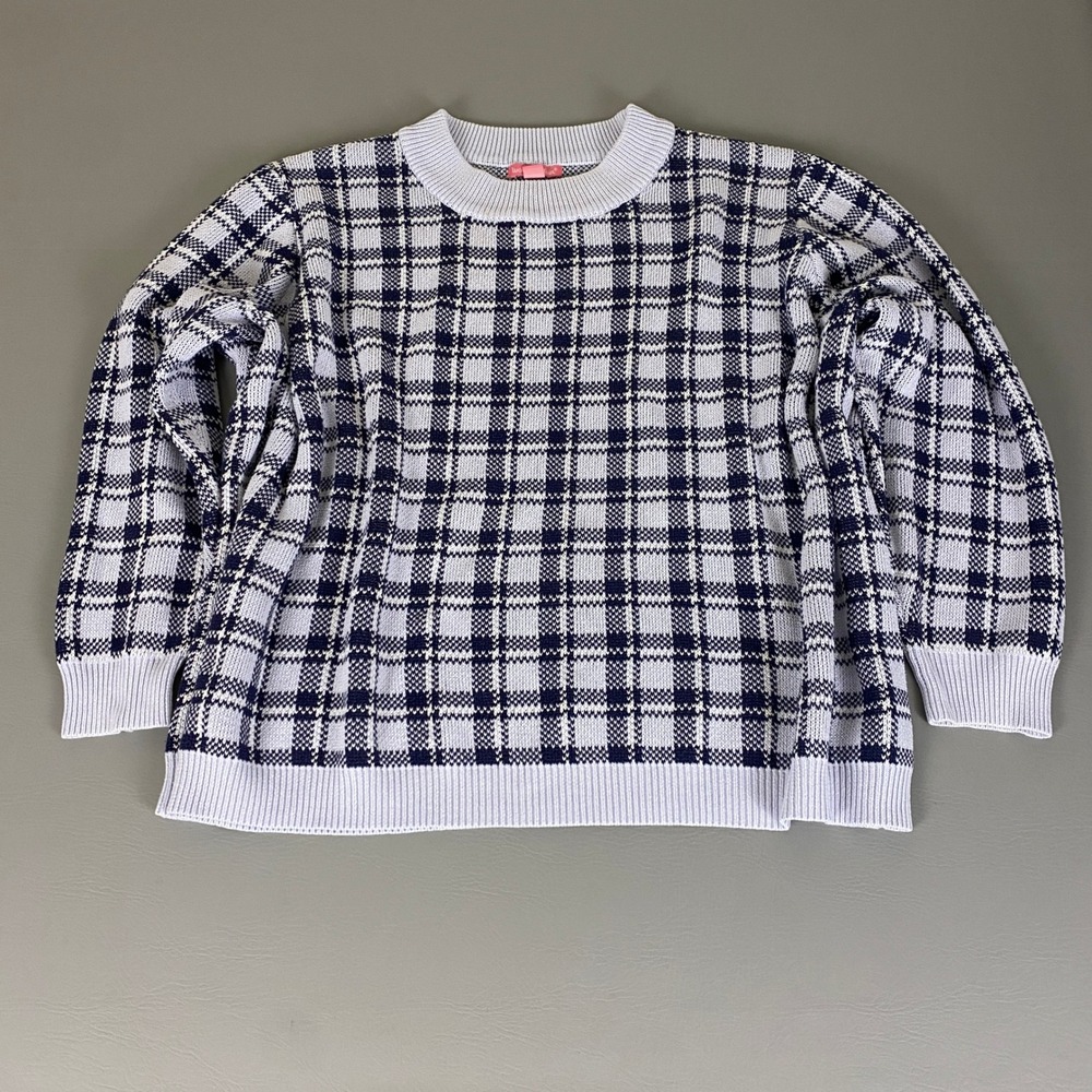 Woman‎ Within Sweater Plus Size 4X Blue Black Plaid Cotton Blend Knit Pullover